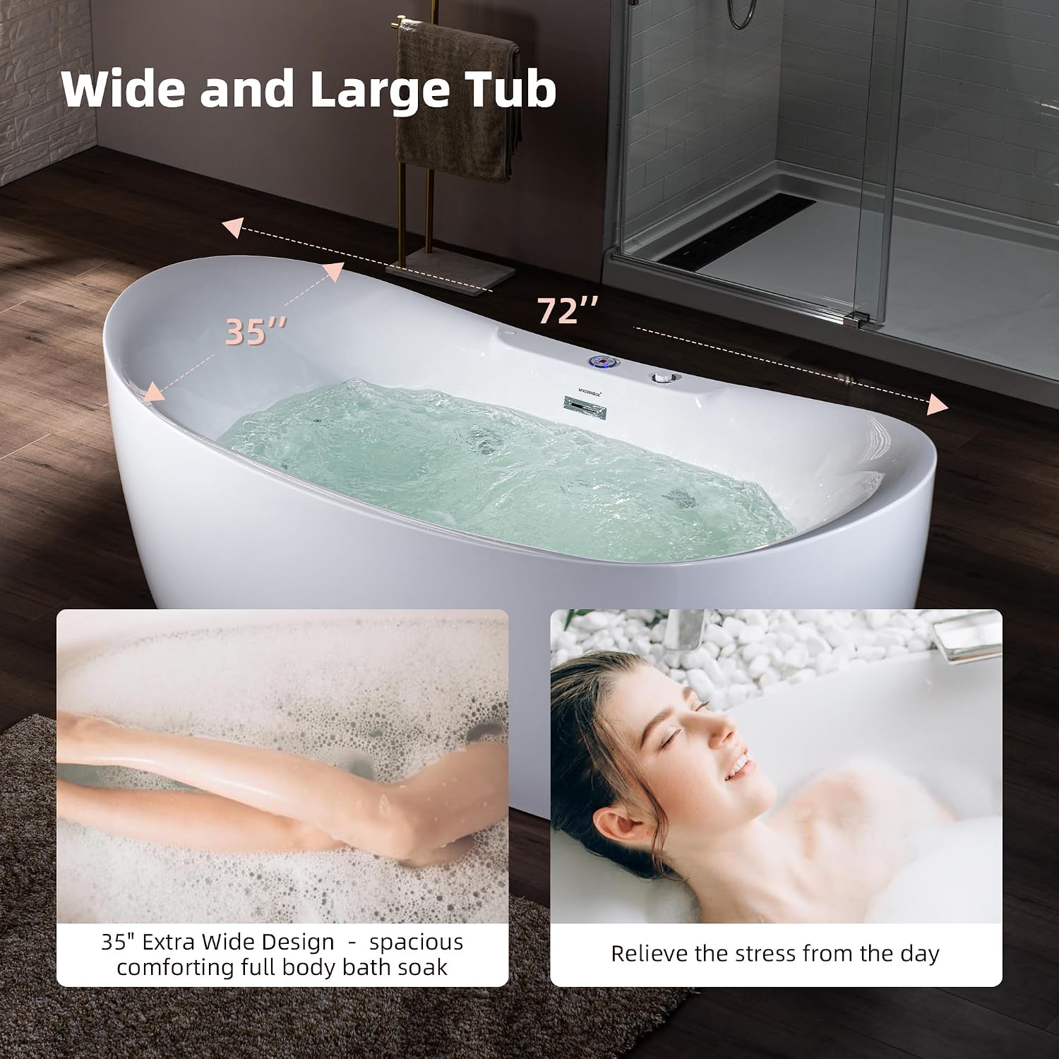 WOODBRIDGE 72' x 35-3/8' Whirlpool Water Jetted and Air Bubble Freestanding Heated Soaking Combination Bathtub with LED control panel, BJ400