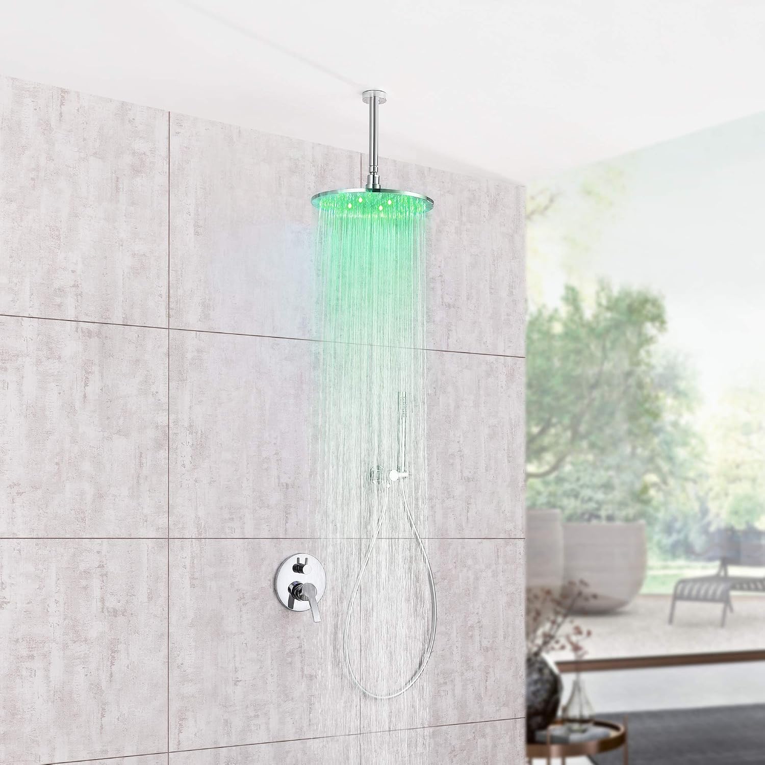 LED Shower Faucet Set Complete Two-Way Bathtub Combo withy Spray, Bathroom 12 Inch Ceiling Round Rain Shower Fixture with Handheld Kit