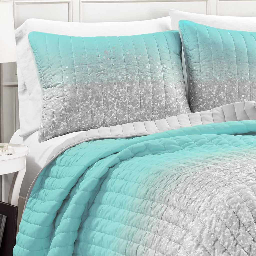 Lush Decor Glitter Ombre Metallic Print 5 Piece Comforter Set, Full/Queen, Aqua & Gray