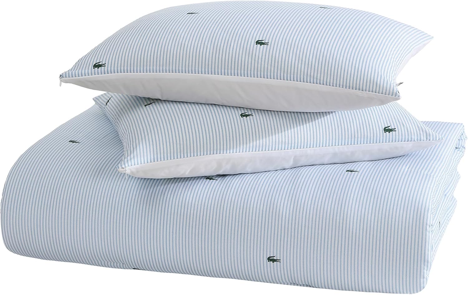 Lacoste Pinstripe Croc Comforter Set, 100% Percale Cotton 180TC, Breathable All Season Bedding with Embroidered Crocodile Logo, Blue, Full/Queen