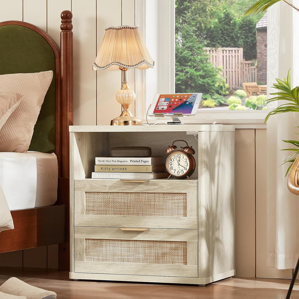 LEYAOYAO Rattan Dresser and Nightstand Set of 4, Boho Wood Dresser for Bedroom with 6 Drawers and Night Stand with Charging Station, Bedroom Furniture,Dressers & Chests of Drawers,Living Room,Hallway