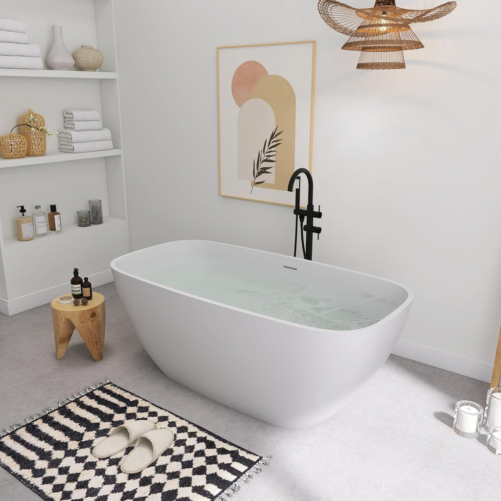 SJ STAR&JANE Solid Surface Freestanding Bathtub, 59' Stone Resin Oval Soaking Tub with Overflow & Pop-up Drain, Modern Stand Alone Tub in Matte White Finish for Bathrooms