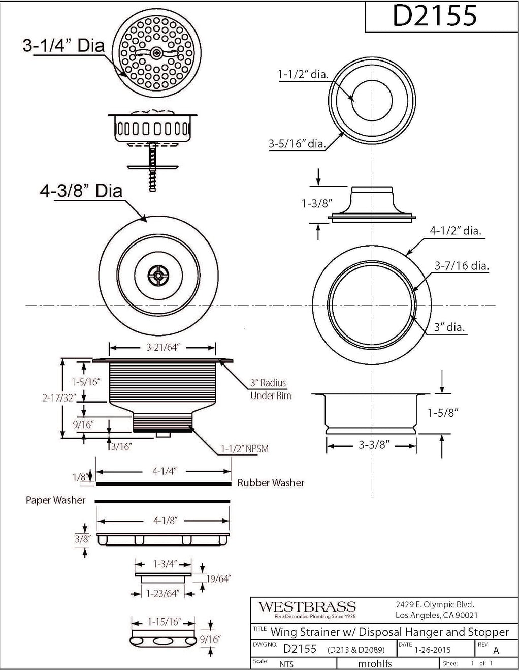 Westbrass D2155-07 Wing Nut Style Large Kitchen Basket Strainer with Waste Disposal Flange and Stopper, Satin Nickel