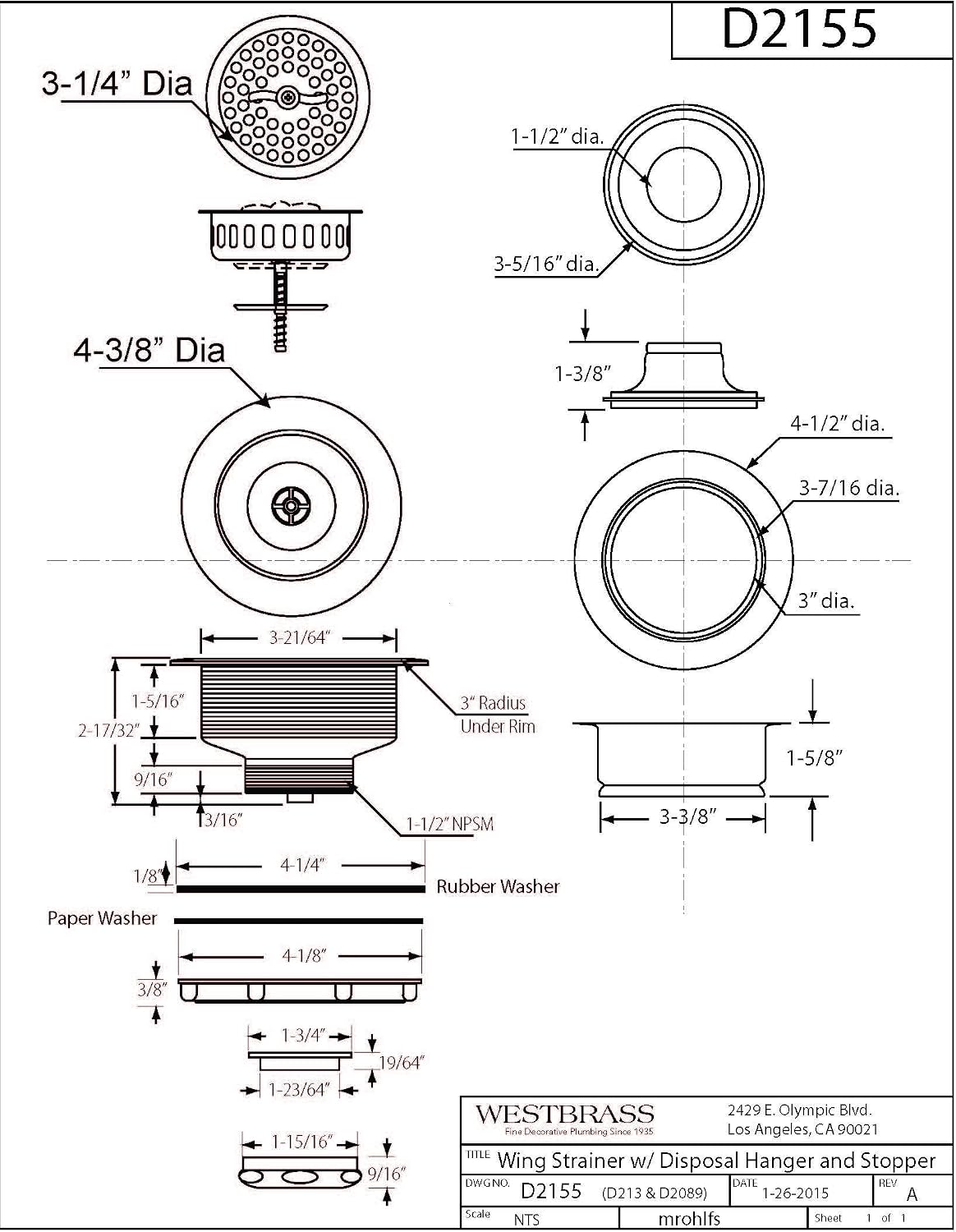 Westbrass D2155-07 Wing Nut Style Large Kitchen Basket Strainer with Waste Disposal Flange and Stopper, Satin Nickel