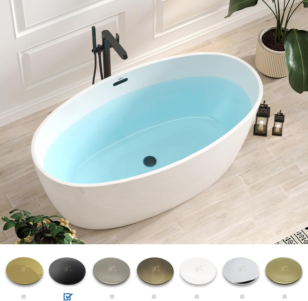 FerdY Tahiti 59' Acrylic Freestanding Bathtub, Elegant Oval Shape Soaking Bathtub, Glossy White, Matte Black Drain & Matte Black Overflow Assembly Included cUPC Certified
