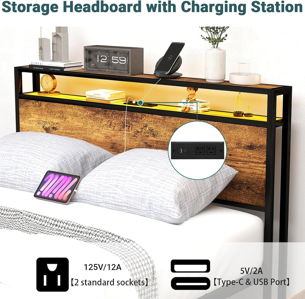 Zevemomo Full Size Bed Frame with 8 Storage Drawers, Full Platform Bed with Headboard, Charging Station, LED Light, Noise-Free Design, No Box Spring Required, Brown