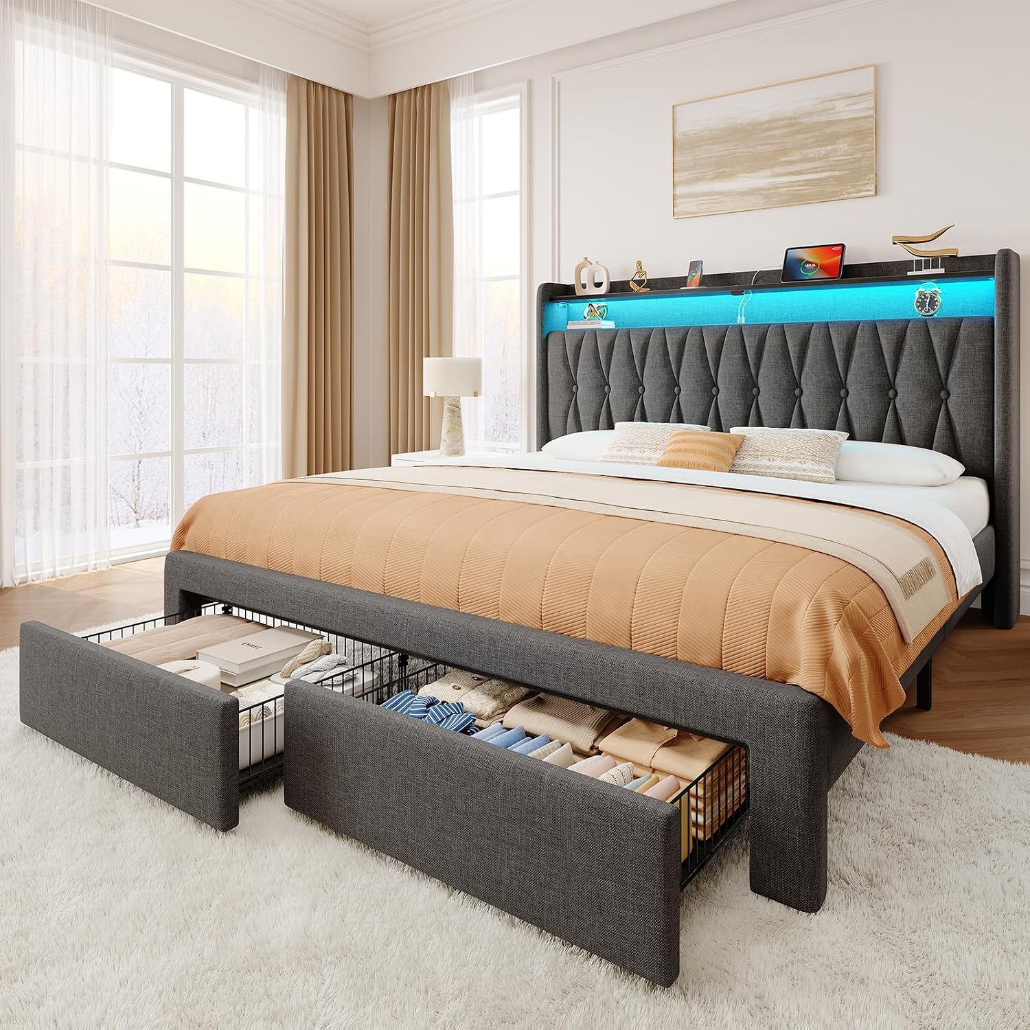 Rolanstar Full Bed Frame with Drawers, Storage Headboard with Charging Station and LED Lights, Upholstered Bed with Heavy Duty Wood Slats, No Box Spring Needed, Noise Free, Easy Assembly, Dark Grey