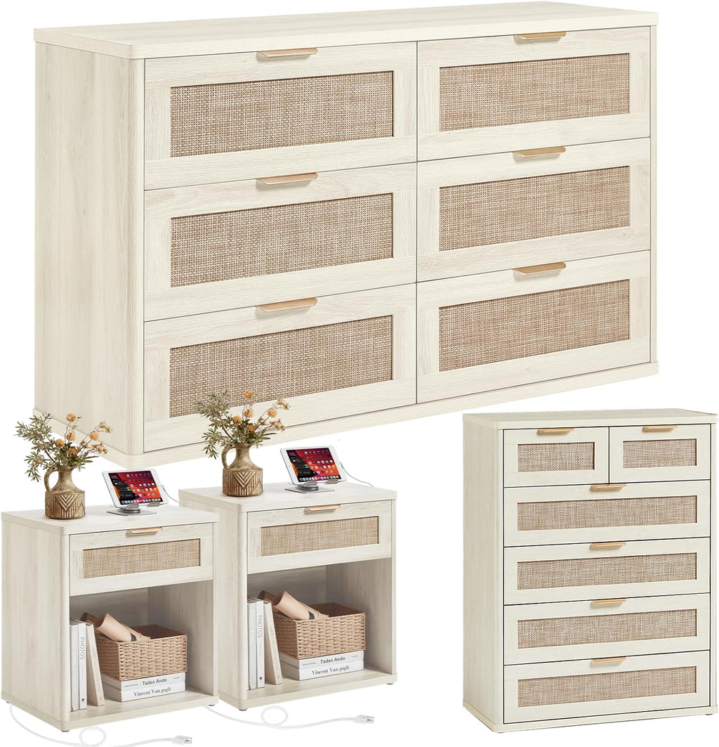 LEYAOYAO Rattan Dresser and Nightstand Set of 4, Boho Wood Dresser for Bedroom with 6 Drawers and Night Stand with Charging Station, Bedroom Furniture,Dressers & Chests of Drawers,Living Room,Hallway