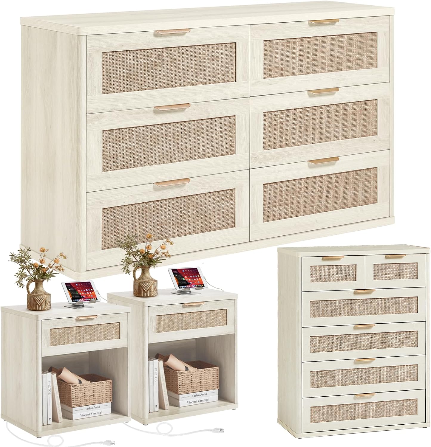 LEYAOYAO Rattan Dresser and Nightstand Set of 4, Boho Wood Dresser for Bedroom with 6 Drawers and Night Stand with Charging Station, Bedroom Furniture,Dressers & Chests of Drawers,Living Room,Hallway