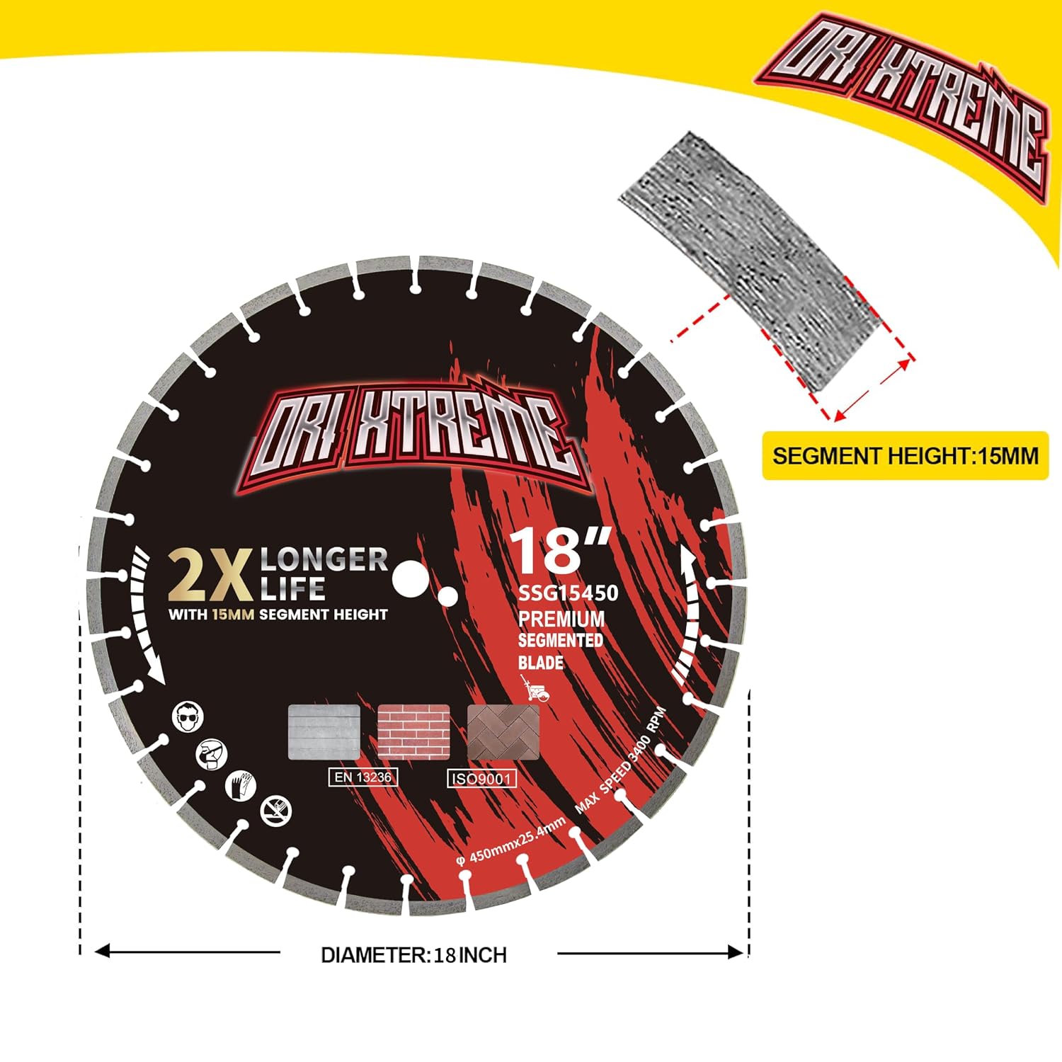 18 Inch Diamond Concrete Saw Blade, Segmented General Purpose Blade Dry/Wet Cutting Concrete, Reinforced Concrete, Masonry, Brick, Block,1' Arbor