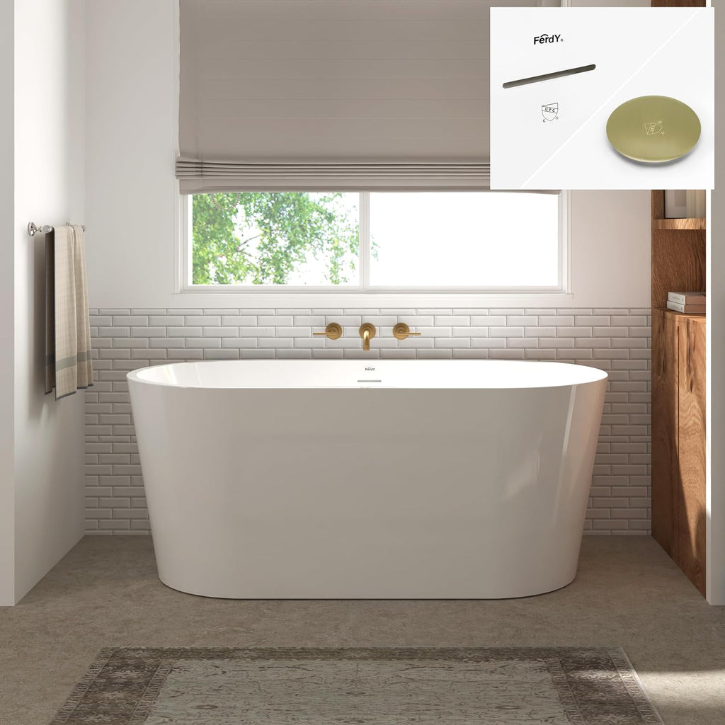 FerdY Shangri-La 55' Acrylic Freestanding Bathtub, Ergonomic Lightweight Classic Oval Soaking Bathtub with Brushed Gold Drain, Minimalist Linear Design Overflow, Modern White