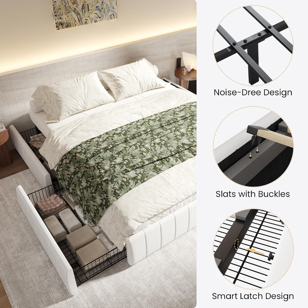 SHA CERLIN Queen Size Velvet Upholstered Platform Bed Frame with 4 Storage Drawers, Vertical Channel Tufted, Low Profile, Fits Standard Headboards, Wooden Slats Support, Easy Assembly, White
