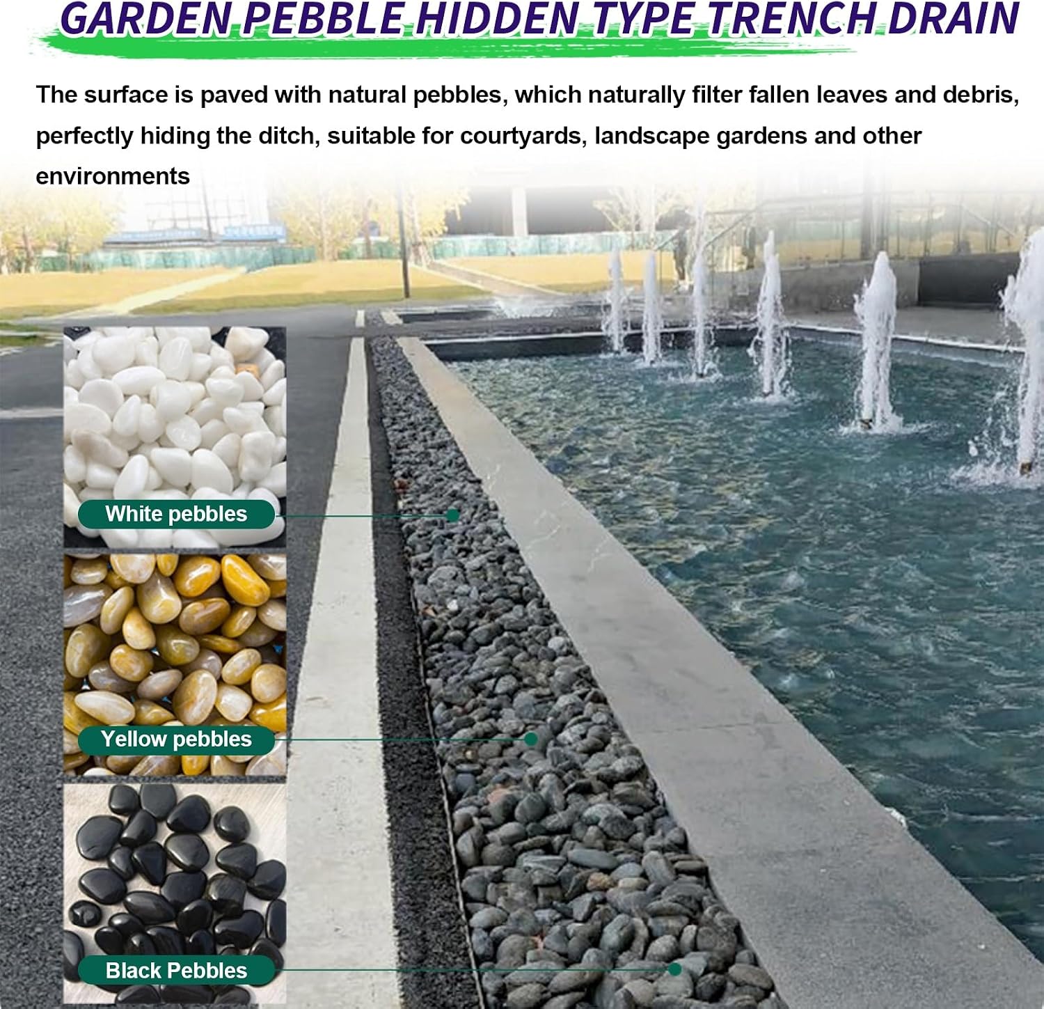 Trench Drain with 304 Stainless Steel Grate,French Drain Kit for Yard,Pebble Filling,Convenient Assembly,for Yard Concrete Garden