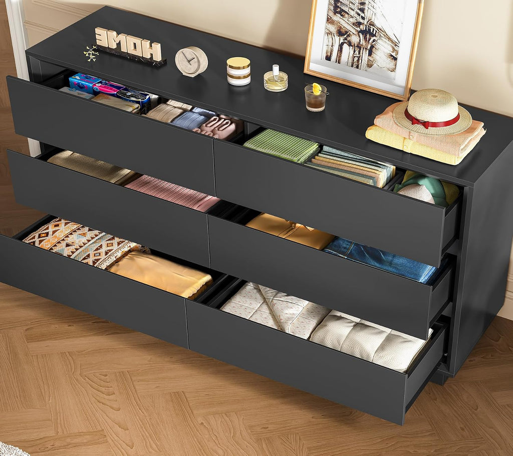 TEENFON 55' Dresser for Bedroom with 6 Drawers, Black Dresser with Metal Slide, Bedroom Dressers, Wood Dressers & Chests of Drawers for Bedroom, Hallway, Black