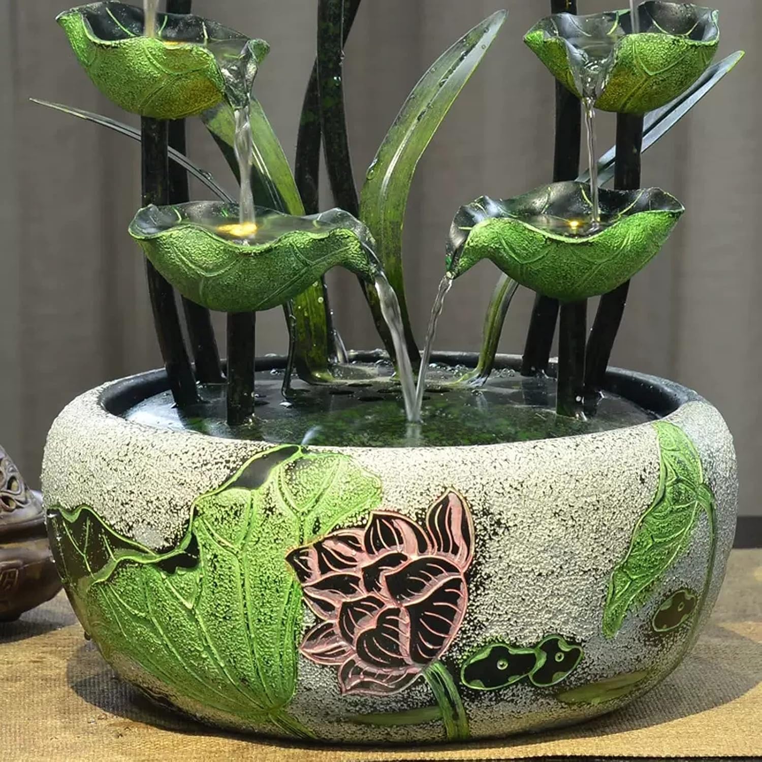 HIHELO Desktop Fountain Tabletop Fountain Indoor Lotus Leaf Relaxation Fountain Tabletop Waterfall Decoration Fountain Zen Meditation Indoor Waterfall Water Fountain Outdoor (Size : Large)
