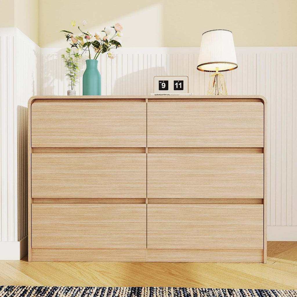 Vibe & Dine 6 Drawer Dresser, Modern Wooden Dressers & Chests of Drawers with Arc Edge Design, 47' Wide Dresser for Closet, Entryway, Bedroom, Natural Wood