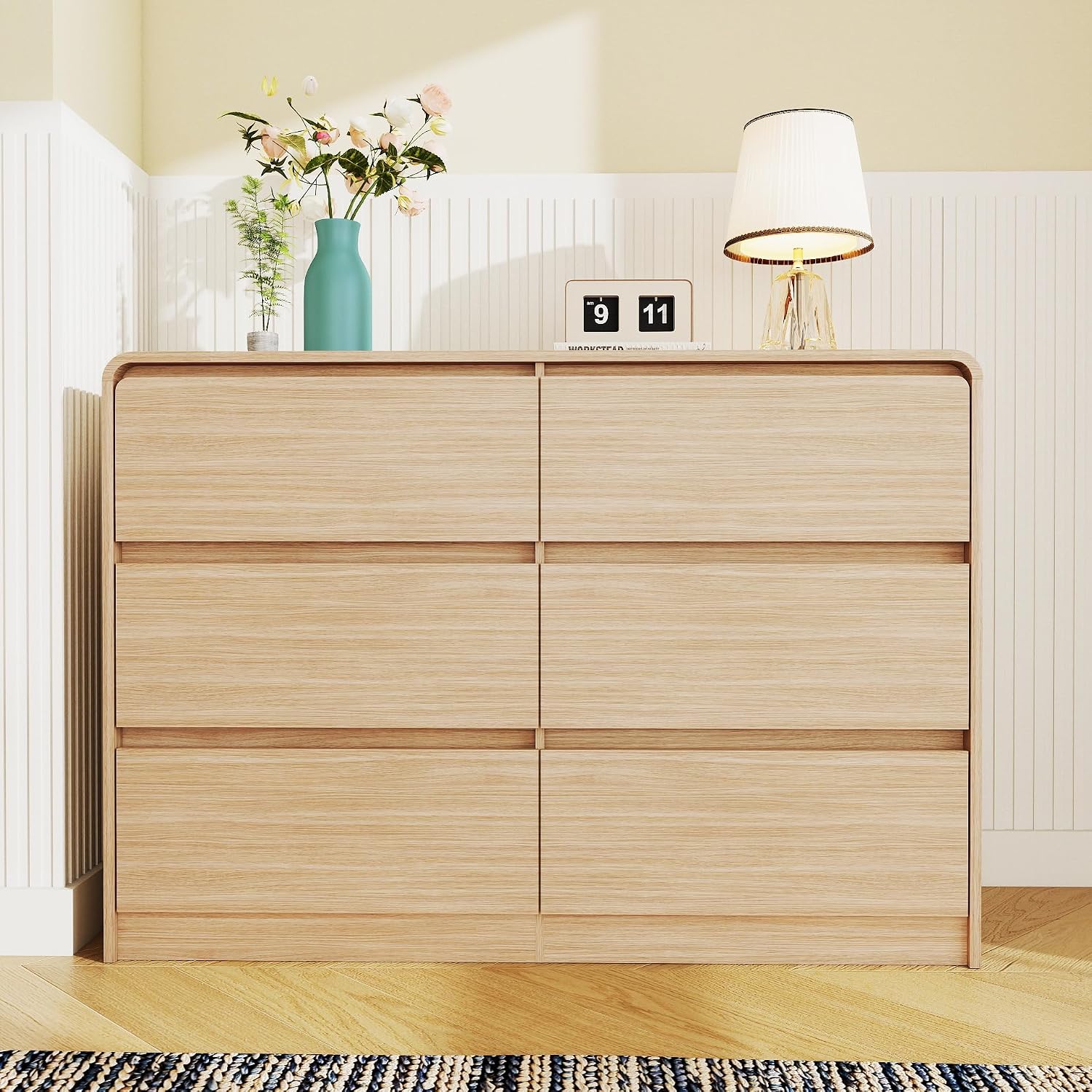 Vibe & Dine 6 Drawer Dresser, Modern Wooden Dressers & Chests of Drawers with Arc Edge Design, 47' Wide Dresser for Closet, Entryway, Bedroom, Natural Wood