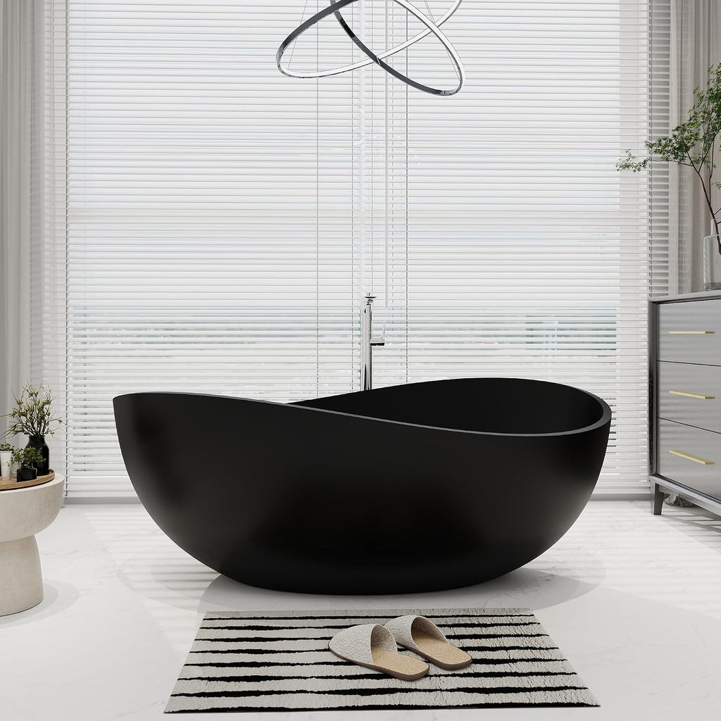 SJ STAR&JANE 63' x 38' Solid Surface Freestanding Bathtub, Oval Soaking Tub with Overflow and Pop-up Drain for Bathroom Matte Black