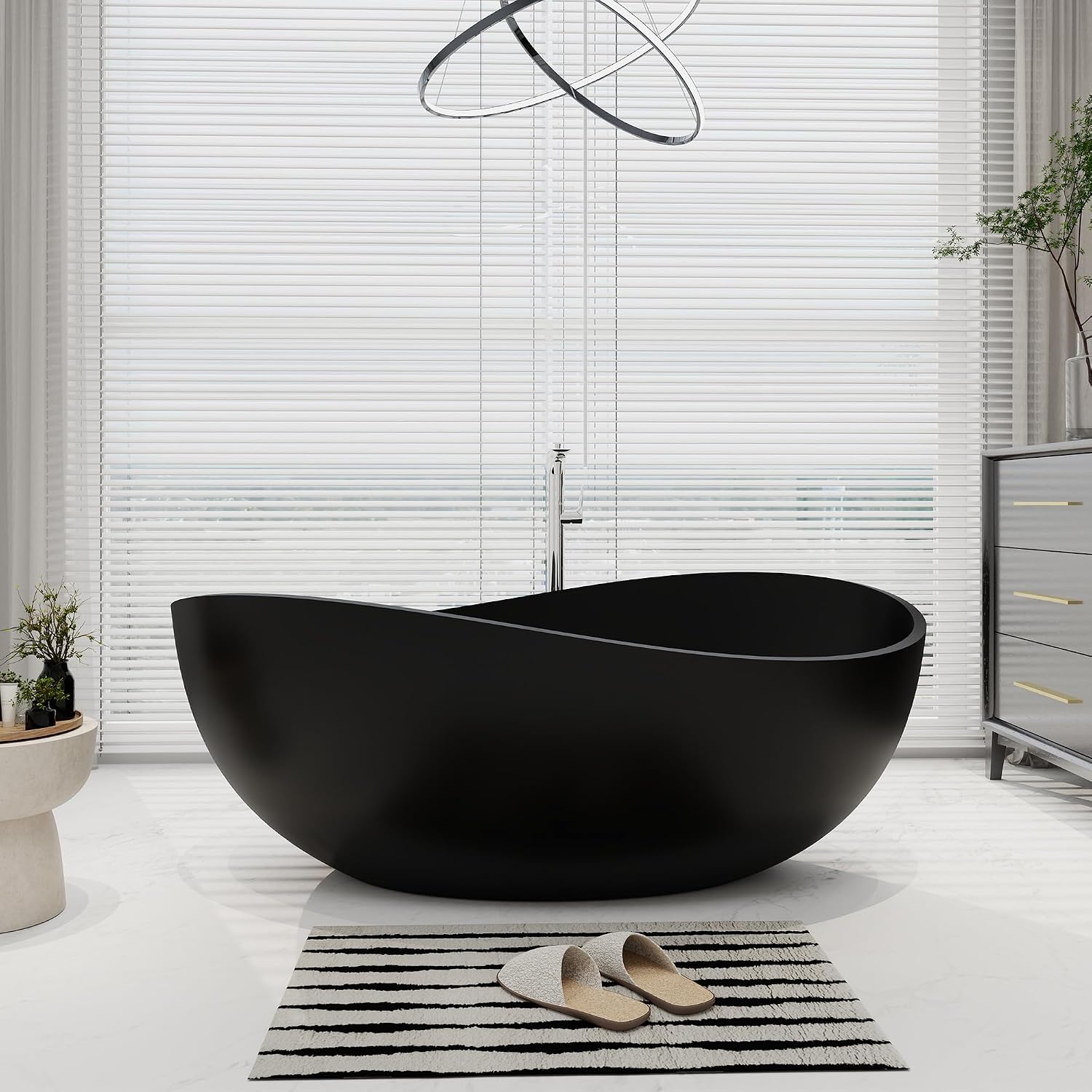 SJ STAR&JANE 63' x 38' Solid Surface Freestanding Bathtub, Oval Soaking Tub with Overflow and Pop-up Drain for Bathroom Matte Black