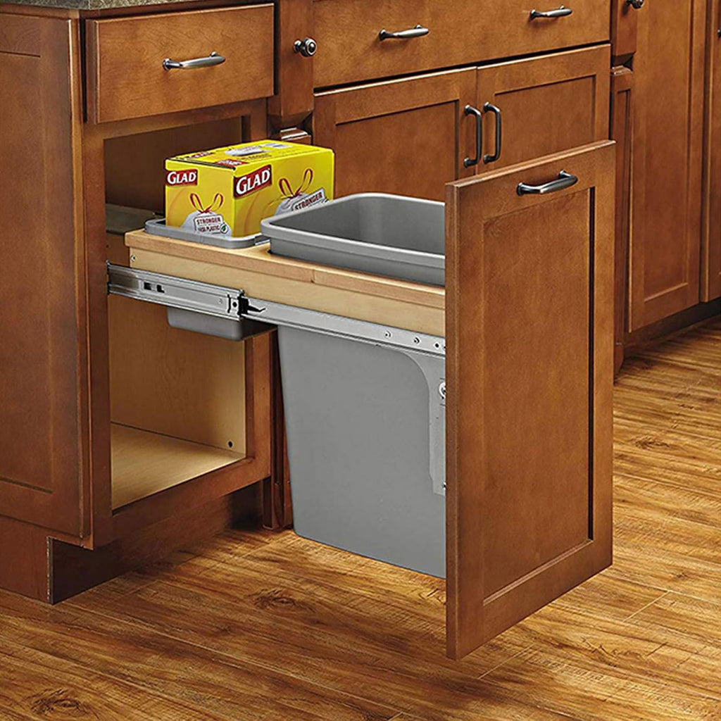 Rev-A-Shelf 35 Qt Top Mount Single Pullout Under Cabinet Kitchen Trash Cans w/Soft-Close for Base Cabinets,150 Pound Rated Full-Extension Slides, Min Opening Width of 12', Silver, 4WCTM-12BBSCDM1