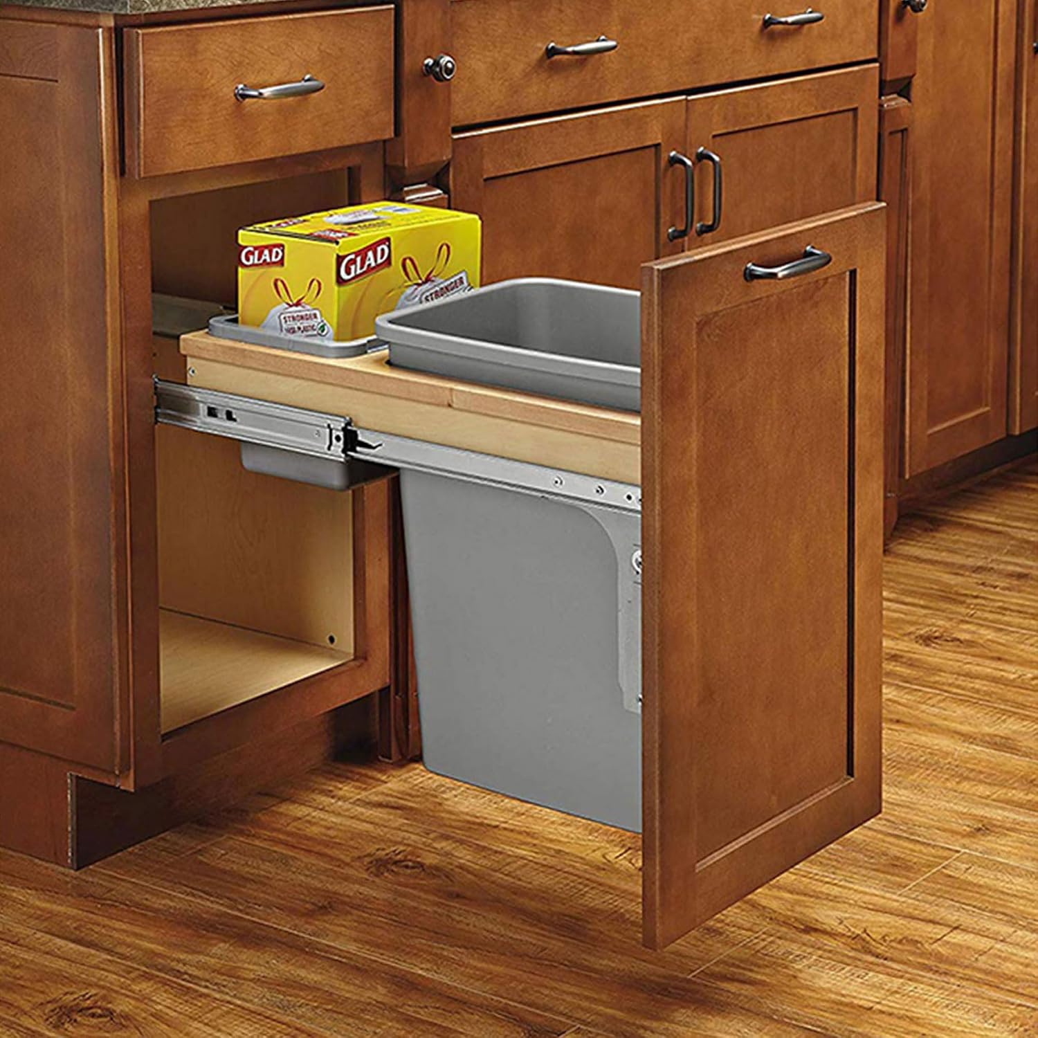 Rev-A-Shelf 35 Qt Top Mount Single Pullout Under Cabinet Kitchen Trash Cans w/Soft-Close for Base Cabinets,150 Pound Rated Full-Extension Slides, Min Opening Width of 12', Silver, 4WCTM-12BBSCDM1
