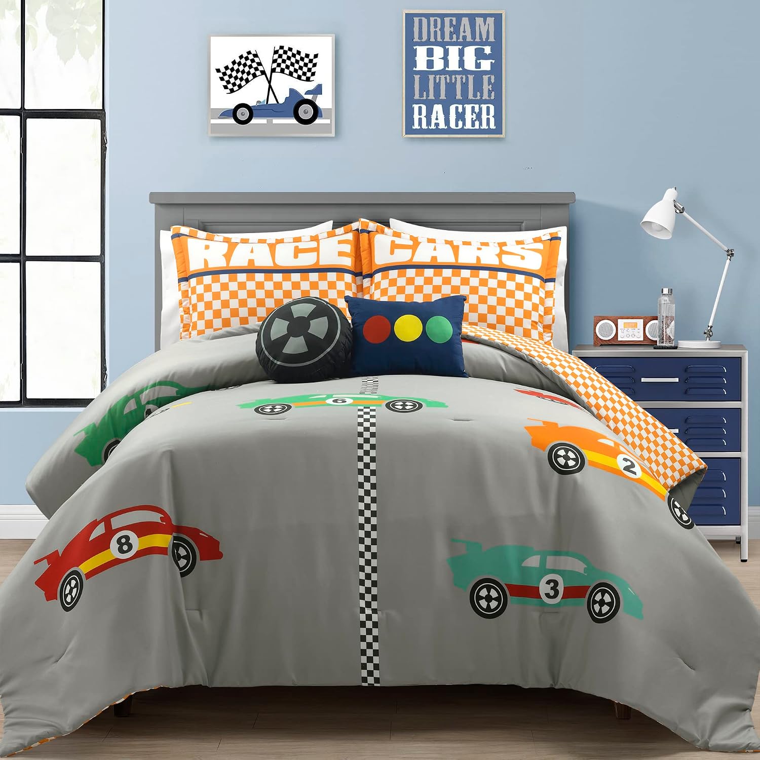 Lush Decor Racing Cars Reversible Comforter Queen Size 5 Piece Set Full/Queen Gray & Orange - Kids Bedding Set Queen Comforter - Car Decor