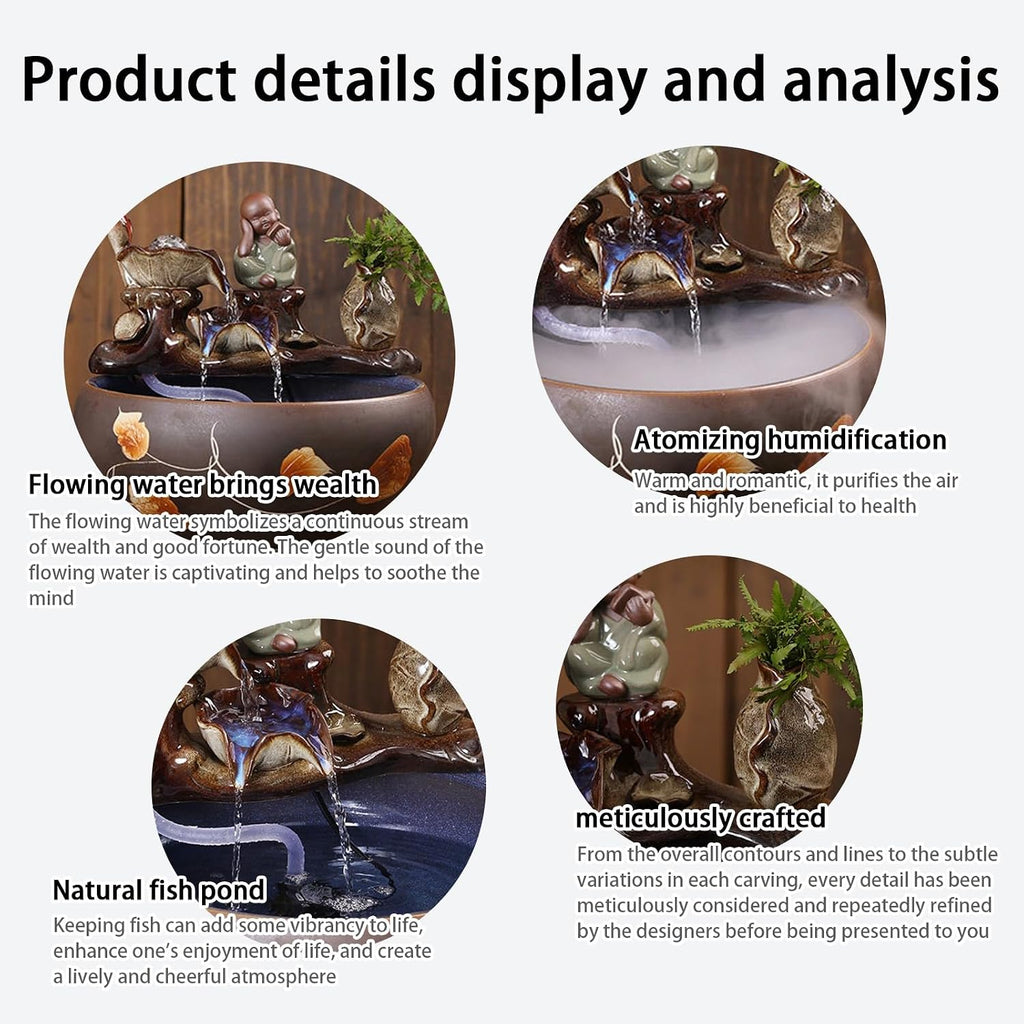 Tabletop Water Fountain, Mist Humidifier, Chinese Ceramic Desk Decor, Porcelain Indoor Feature for Living Room Office(A)