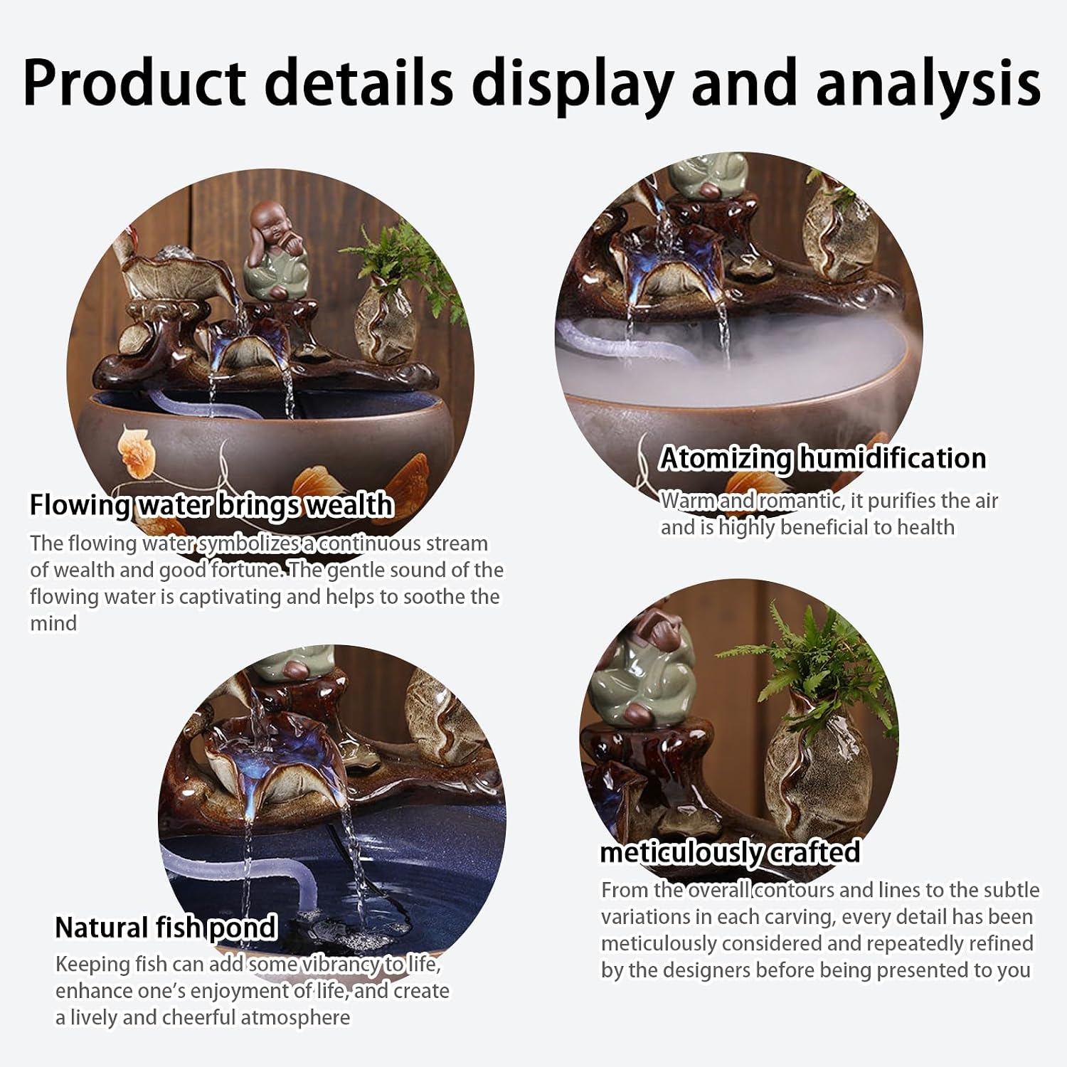 Tabletop Water Fountain, Mist Humidifier, Chinese Ceramic Desk Decor, Porcelain Indoor Feature for Living Room Office(D)
