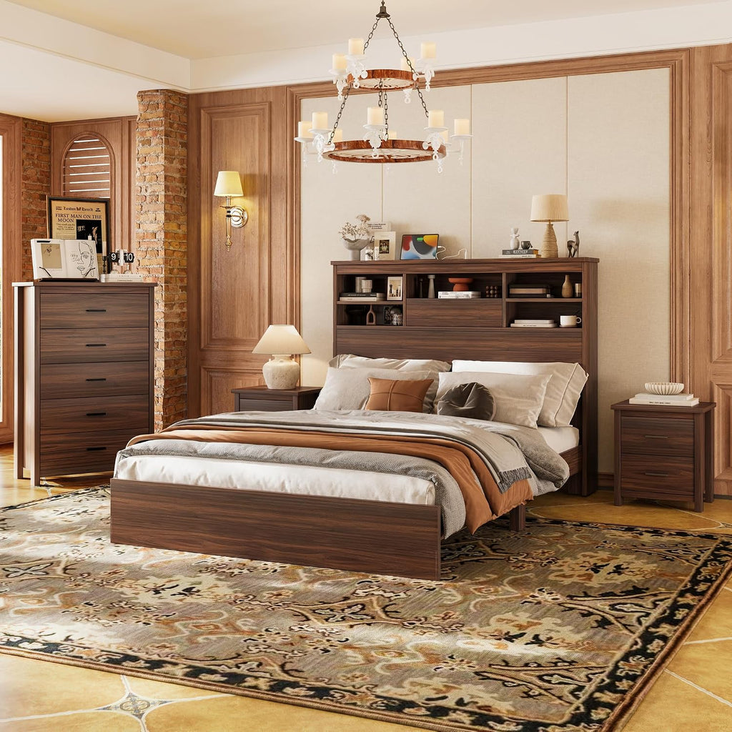 4PCS Bedroom Sets, Wooden Queen Size Bed Frame with Storage Headboard and Charging Station, 2 Nightstands with 2 Drawers,1 Dresser with 5 Drawers,Noiseless, No Box Spring Needed (Walnut-JU3)