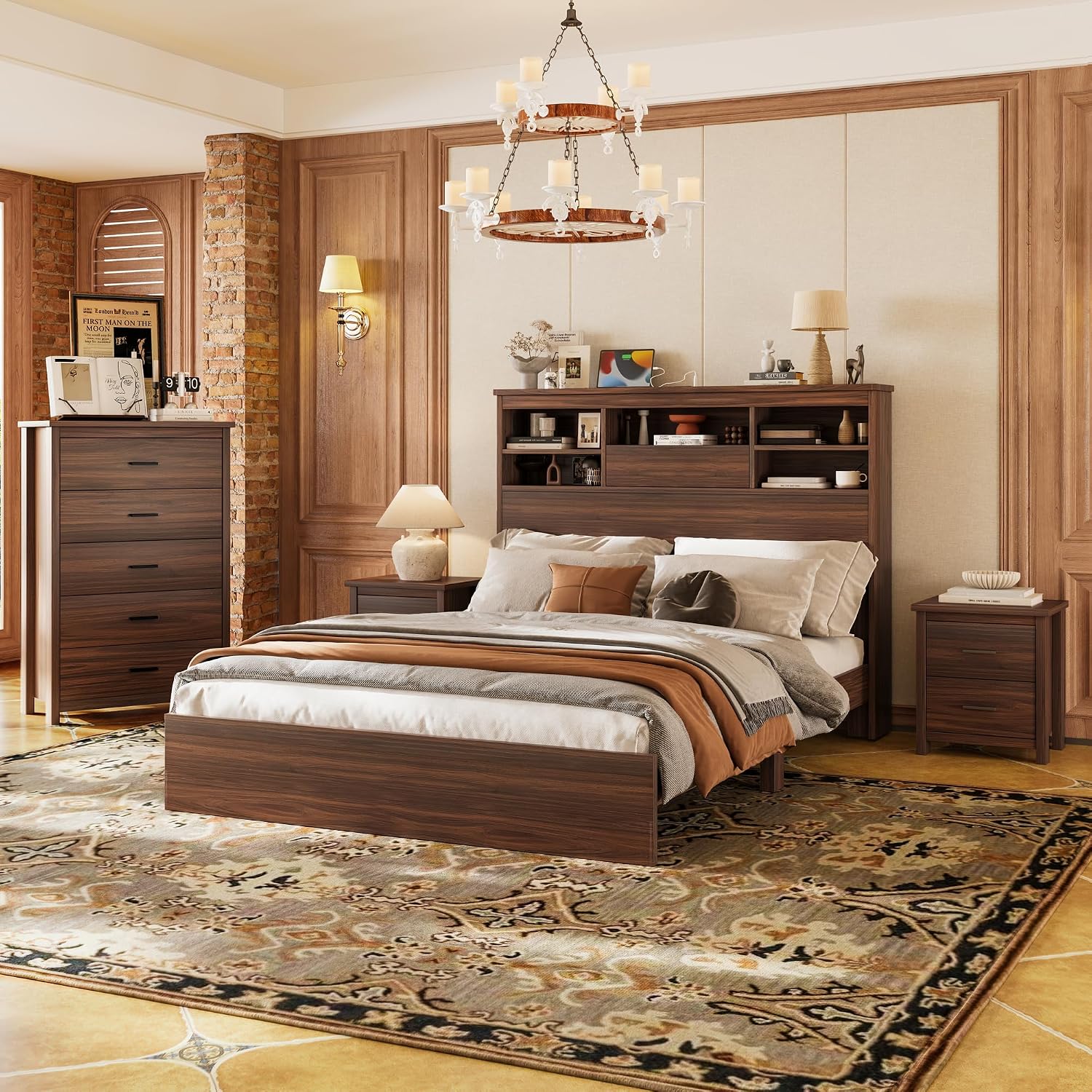 4PCS Bedroom Sets, Wooden Queen Size Bed Frame with Storage Headboard and Charging Station, 2 Nightstands with 2 Drawers,1 Dresser with 5 Drawers,Noiseless, No Box Spring Needed (Walnut-JU3)