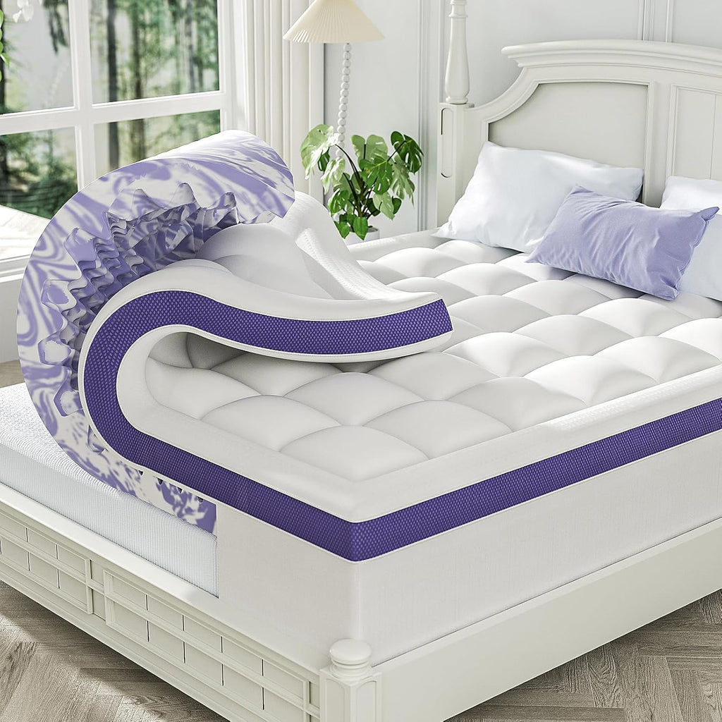 ChiXpace Dual Layer 4 Inch Memory Foam Mattress Topper Full - 2 Inch Gel Memory Foam and 2 Inch Pillow Top Mattress Pad, 7-Zone Egg Crate Full Size Mattress Topper(White)