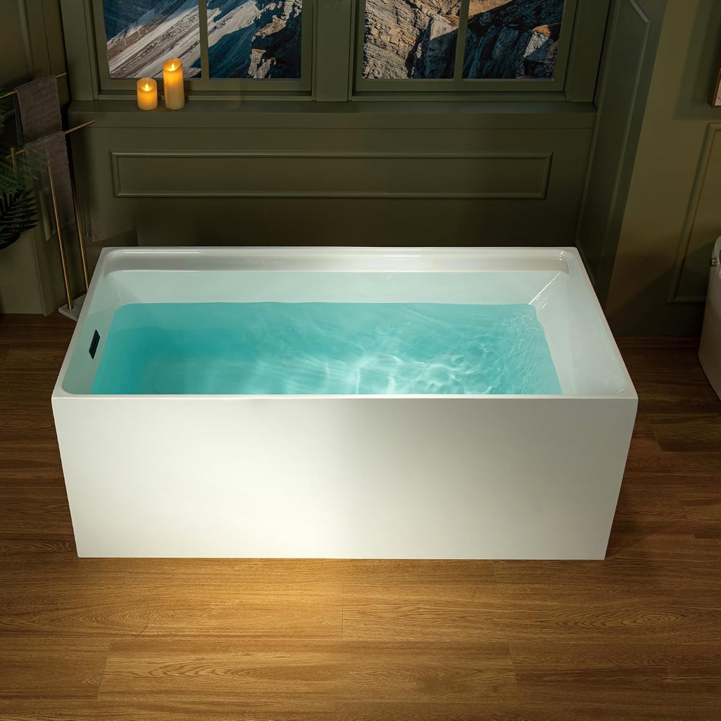 WOODBRIDGE 59' L x 29-1/2' W Freestanding Contemporary Soaking Bathtub with Matte Black Drain & Overflow, White, B5910-MB
