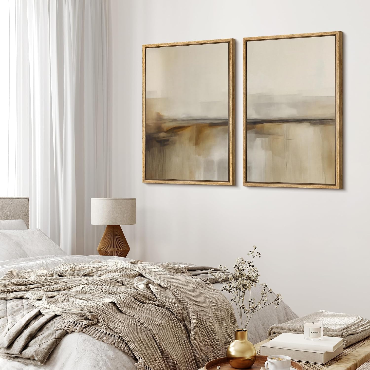 MUDECOR Framed Canvas Print Wall Art Set Abstract Beige and Brown Gradient Neutral Minimalist Landscape Illustrations Modern Art Decorative Calm for Living Room, Bedroom, Office - 24'x36'x2 Natural