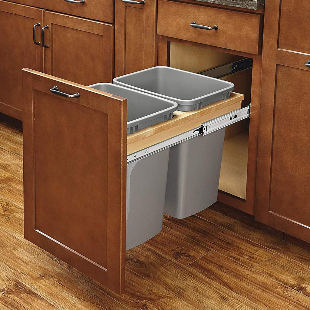Rev-A-Shelf 27 Qt Top Mount Double Pullout Under Cabinet Kitchen Trash Cans w/Soft-Close for Base Cabinets, 150 Pound Rated Full-Extension Slides, Min Opening Width of 12', Silver, 4WCTM-15BBSCDM2