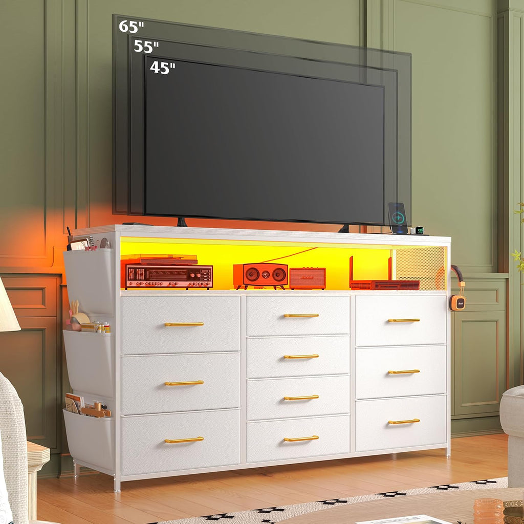1EnHomee Dresser for Bedroom with 10 Drawers, 55' TV Stands with LED Lights & Power Outlets, Dressers with Shelves & Side Pockets, Hooks for Hallway,White