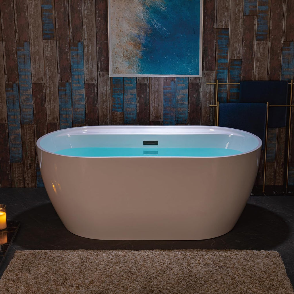 WOODBRIDGE 59' Acrylic Freestanding Bathtub Contemporary Soaking White Tub with Matte Black Overflow and Drain,White,B0064 MB