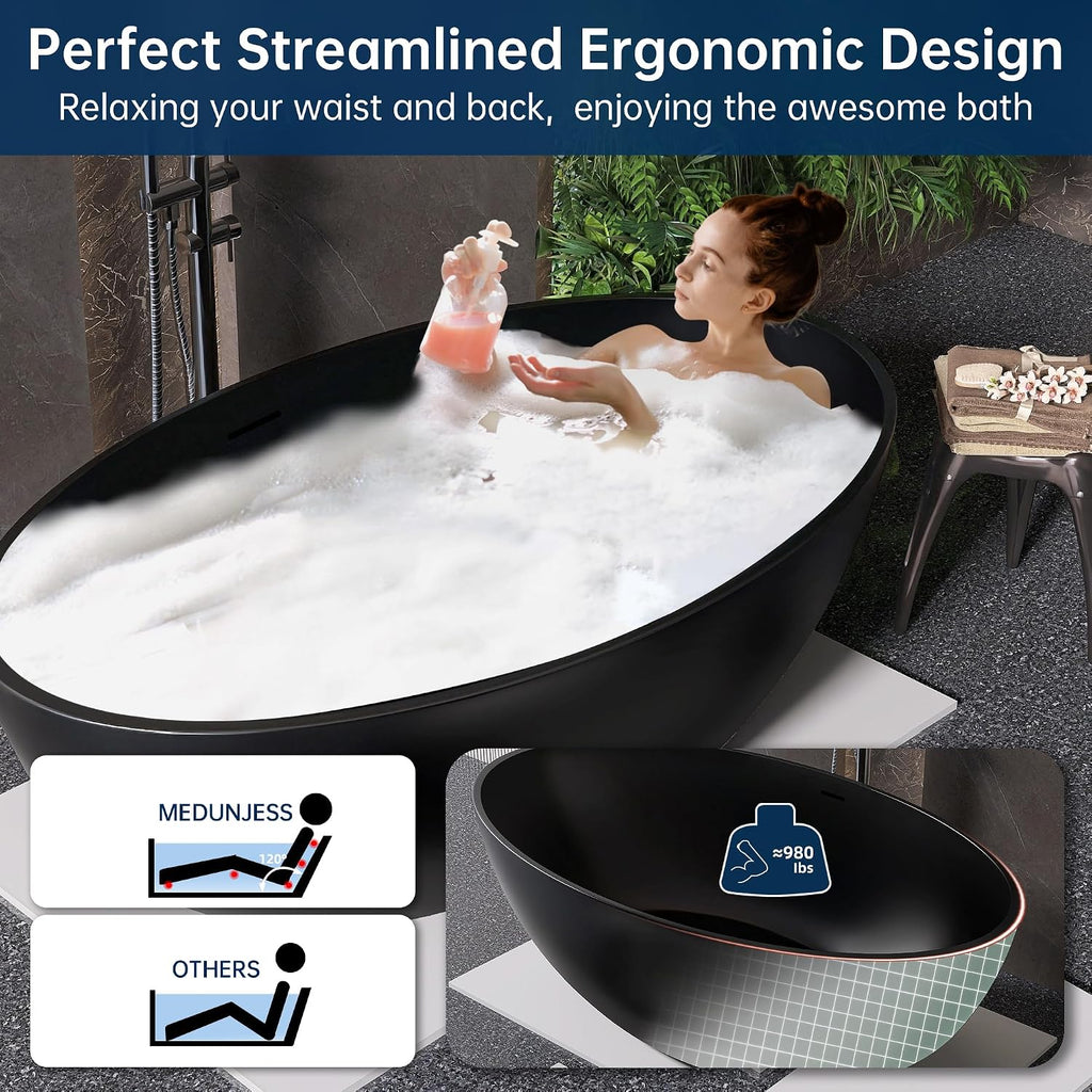 67' Stone Resin Freestanding Bathtub, Oval Solid Surface Bathroom Freestanding Tubs,Stand Alone Soaking Tub with Drain & Integrated Slotted Overflow Matte black AM301-1700