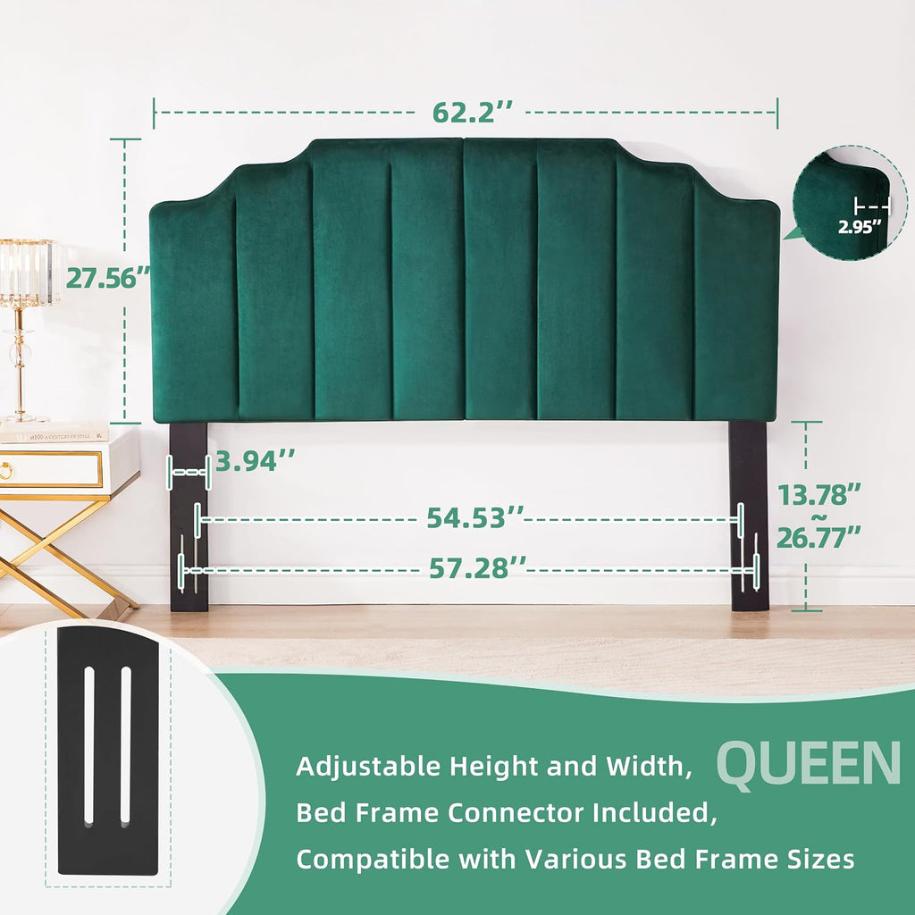 Huatean Home Velvet Upholstered Headboard Queen, Tufted Headboard, Elegantly Curved Queen headboard only,Soft Padded headboards, Modern Vertical Channel Design Head Board, Dark Green
