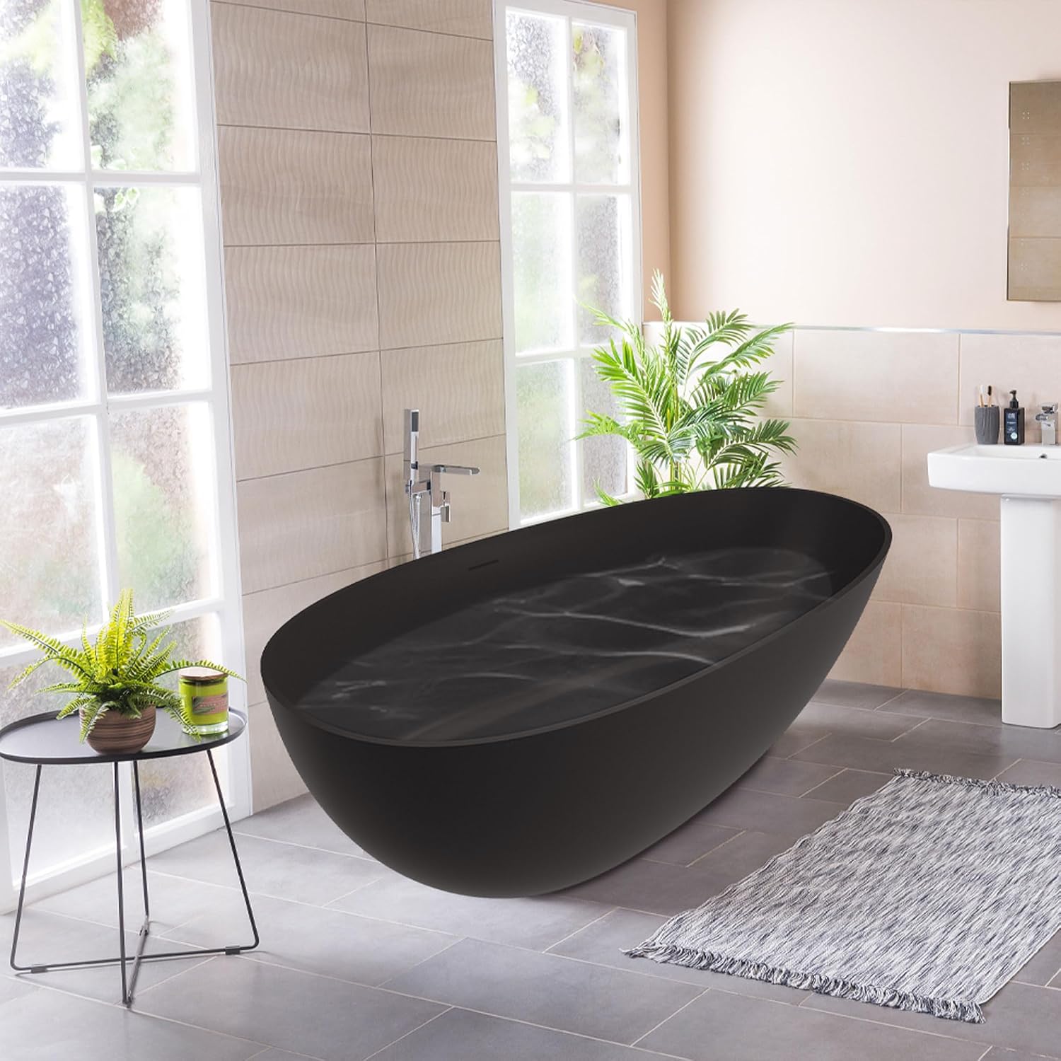 CASAINC 59' Solid Surface Freestanding Bathtub Egg-Shaped Stone Resin Freestanding Tub Matte Black Stand-Alone Tub with Drain, Drain Hose & Sanding Paper