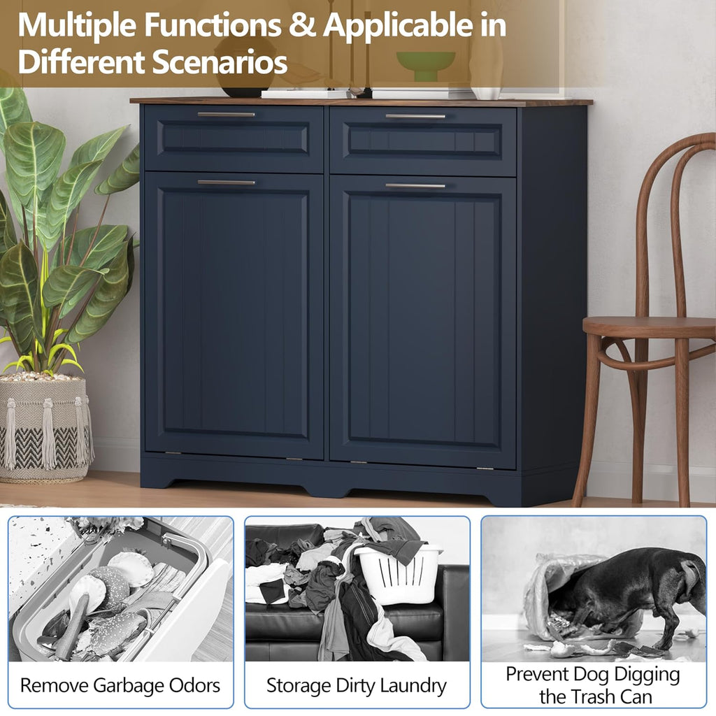 Double 10 Gallon Tilt Out Trash Can Cabinet with Deodorizing Function and Power Outlet, Wooden Hidden Garbage Can Holder with 2 Storage Drawers for Kitchen, Laundry Hamper Cabinet for Bathroom, Blue