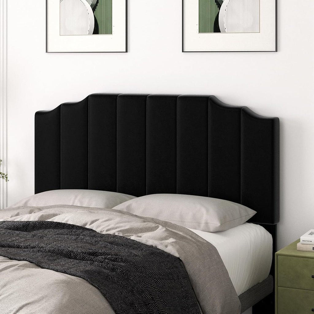 Befurtori Queen Size Headboard Only, Velvet Wall Mounted Headboard Queen Size for Adjustable Bed, Modern Vertical Channel Design with Curved Tufted Upholstered Head Board and Luxury Soft Padded, Black