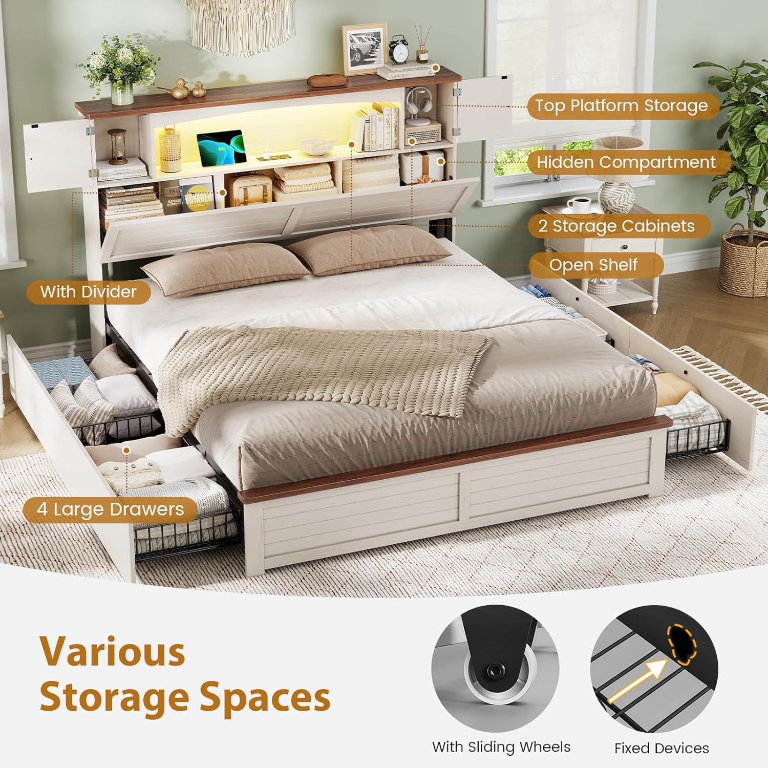 MSmask Farmhouse Bed Frame Full Size with Bookcase and Storage Cabinets Headboard, Wood Platform Bed with LED Lights, Charging Station, 4 Drawers, Decoration Footboard, No Box Spring Needed, White