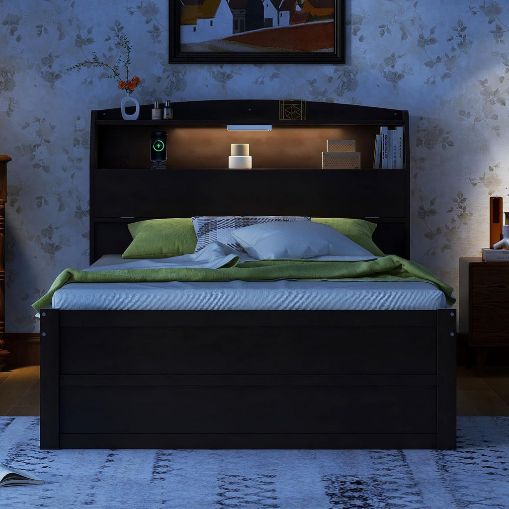 Multi-Function Full Size Platform Bed with Trundle and 3 Drawers, Wood Captain Platform Bed Frame with Storage Headboard and Night Light, Maximized Space (Brown-D1, Full)