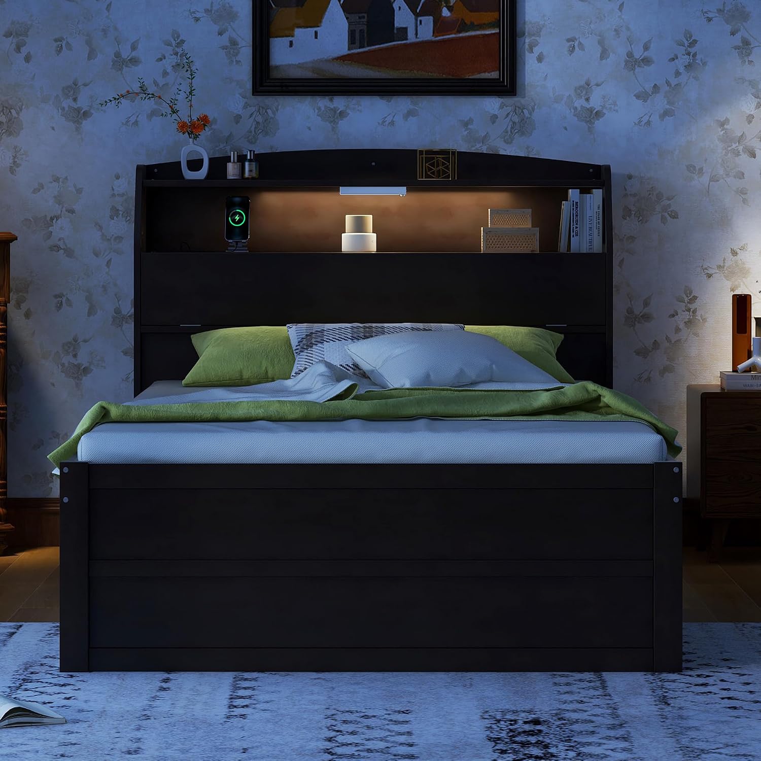 Multi-Function Full Size Platform Bed with Trundle and 3 Drawers, Wood Captain Platform Bed Frame with Storage Headboard and Night Light, Maximized Space (Brown-D1, Full)