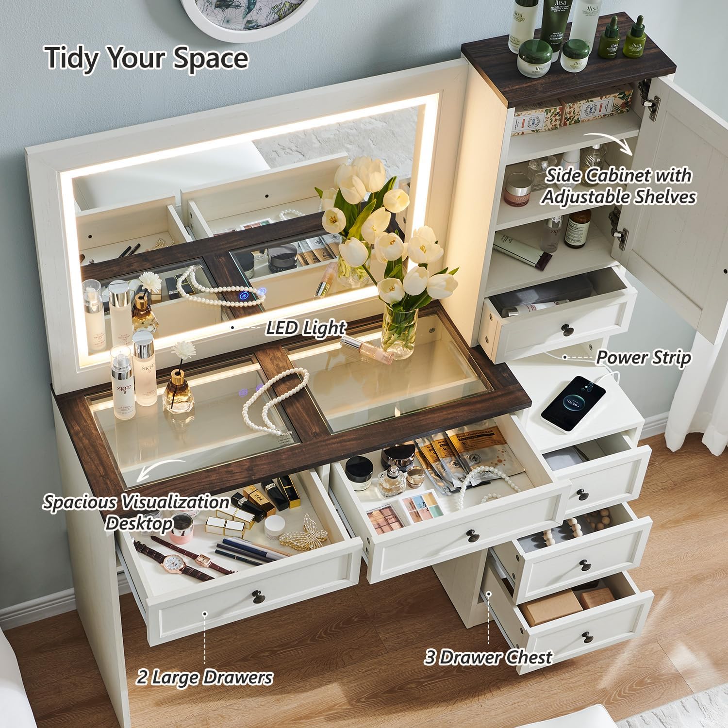 Aitjunz Farmhouse Vanity Desk with Touch Screen LED Mirror, 47' Big Make Up Table with 6 Drawers, Glass Top, Charging Station, Rustic Wood Dressing Table w/3 Color Available, Antique White