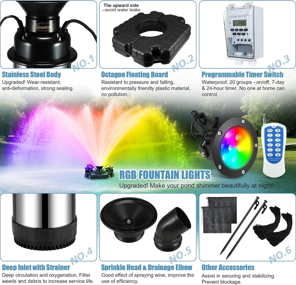 Goldlife Pond Fountain Aerator, F3 With 4 RGB Lights, 1HP 750W 110V Stainless Steel Floating Fountain With 100FT Power Cord Black Octagon Aerating Fountain Pump for Small Large Pond Lake Pool FishFarm