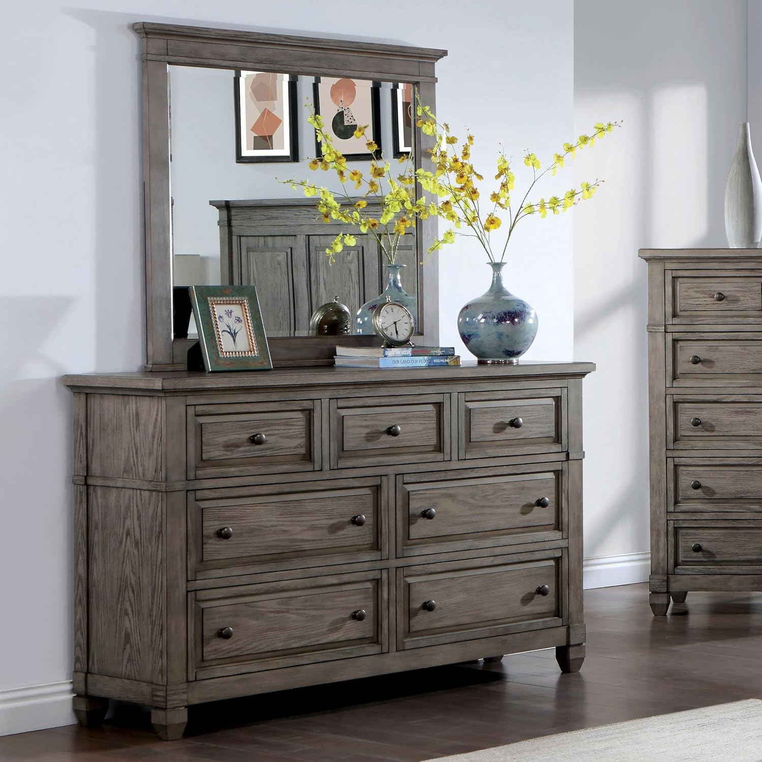 Furniture of America Xephyr Solid Wood 6-Piece Bedroom Set, Queen-Size Bed with Footboard Drawers, Felt-Lined Top & Ball-Bearing Glides, USB Port on Nightstand, Box Spring Required, Warm Gray