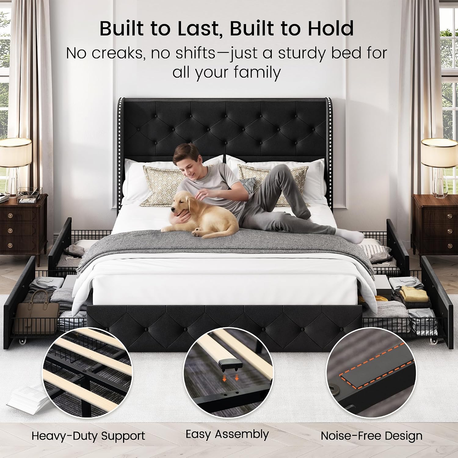 LARMACE Full Size Bed Frame with 4 Storage Drawers and Wingback Headboard Velvet Upholstered Platform Bed Frame Tufted Beds with Wooden Slats Support, Easy Assembly, Black