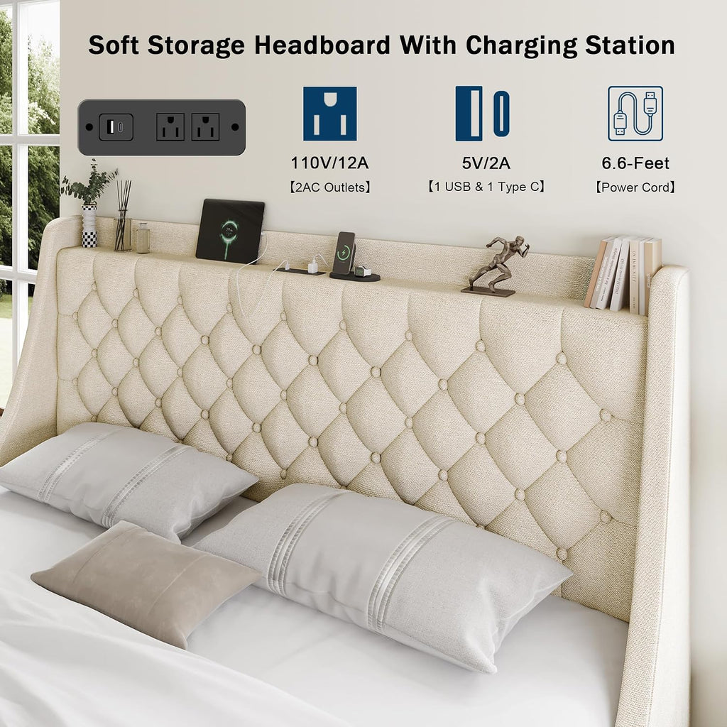 GalnFu King Size Bed Frame with 4 Storage Drawers, Giant Upholstered Wingback Headboard, Fast Charging Station, No Box Spring Needed, Noise-Free, Beige