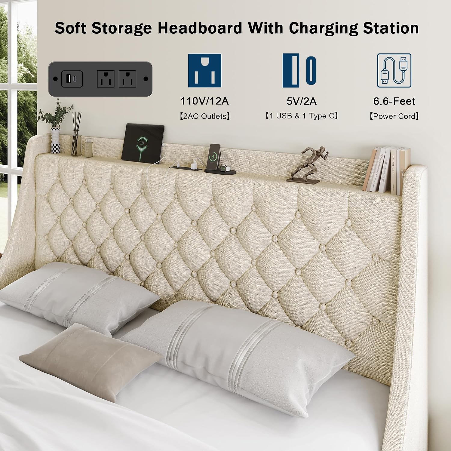 GalnFu King Size Bed Frame with 4 Storage Drawers, Giant Upholstered Wingback Headboard, Fast Charging Station, No Box Spring Needed, Noise-Free, Beige